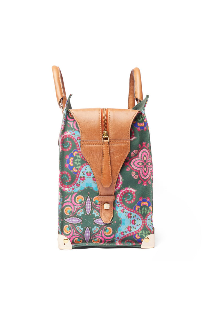 Green Kaleidoscopic Hand Emb. Tote/ Travel Bag-Bags-Siddhartha Bansal