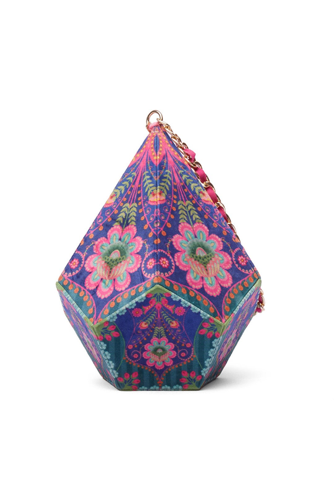 Bule Floral Dodecahedron Shape Potli Bag With Chain Strap-Bags-Siddhartha Bansal