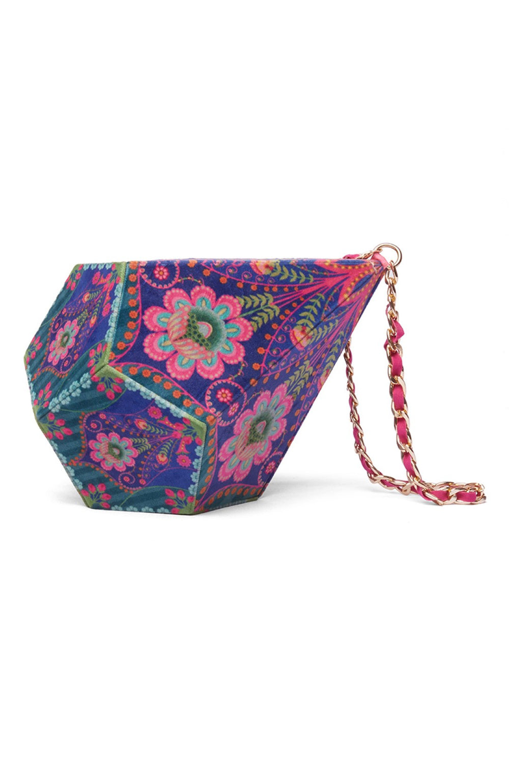 Bule Floral Dodecahedron Shape Potli Bag With Chain Strap-Bags-Siddhartha Bansal