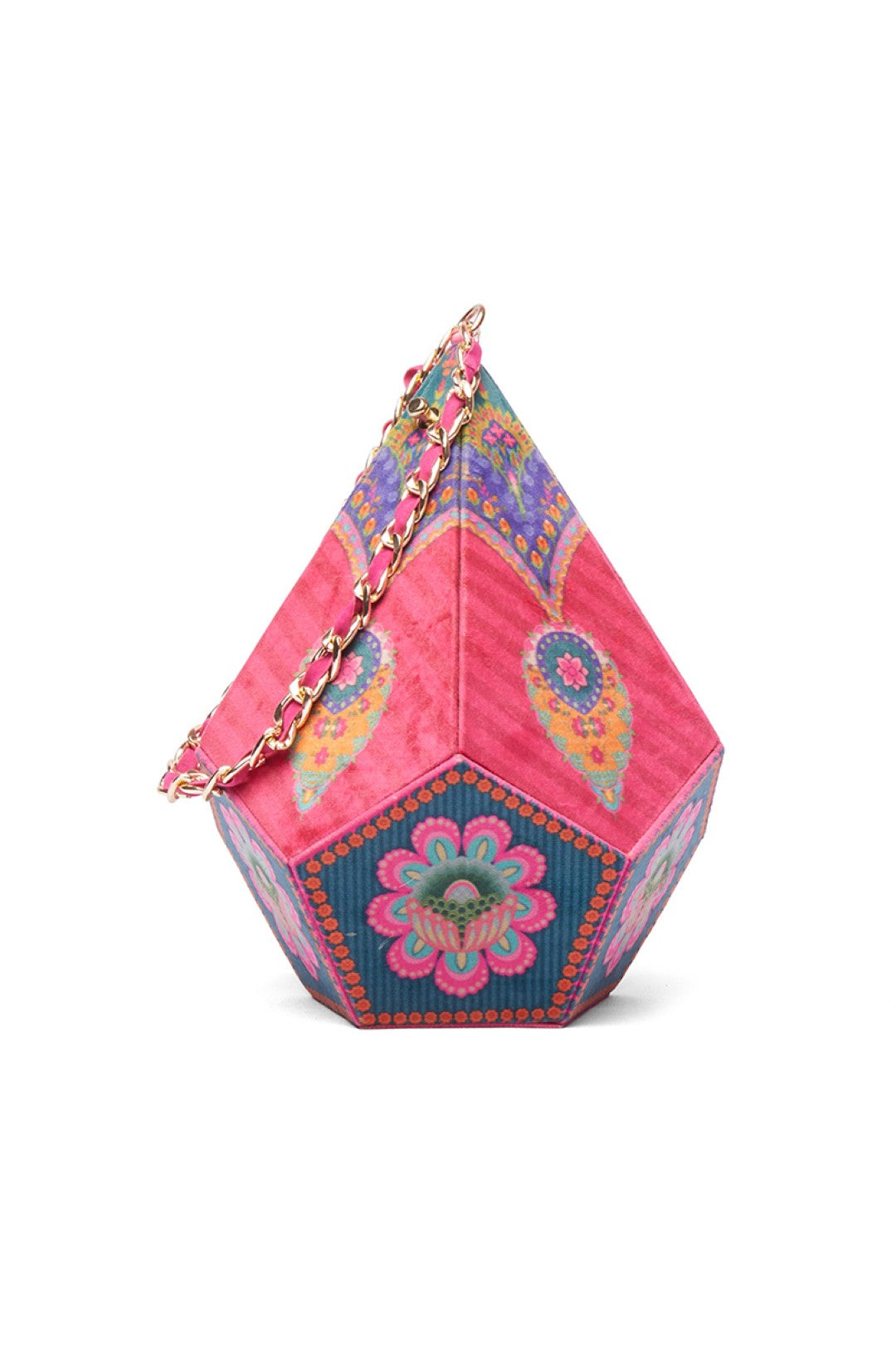 Red Stripe Dodecahedron Shape Potli Bag With Chain Strap-Bags-Siddhartha Bansal