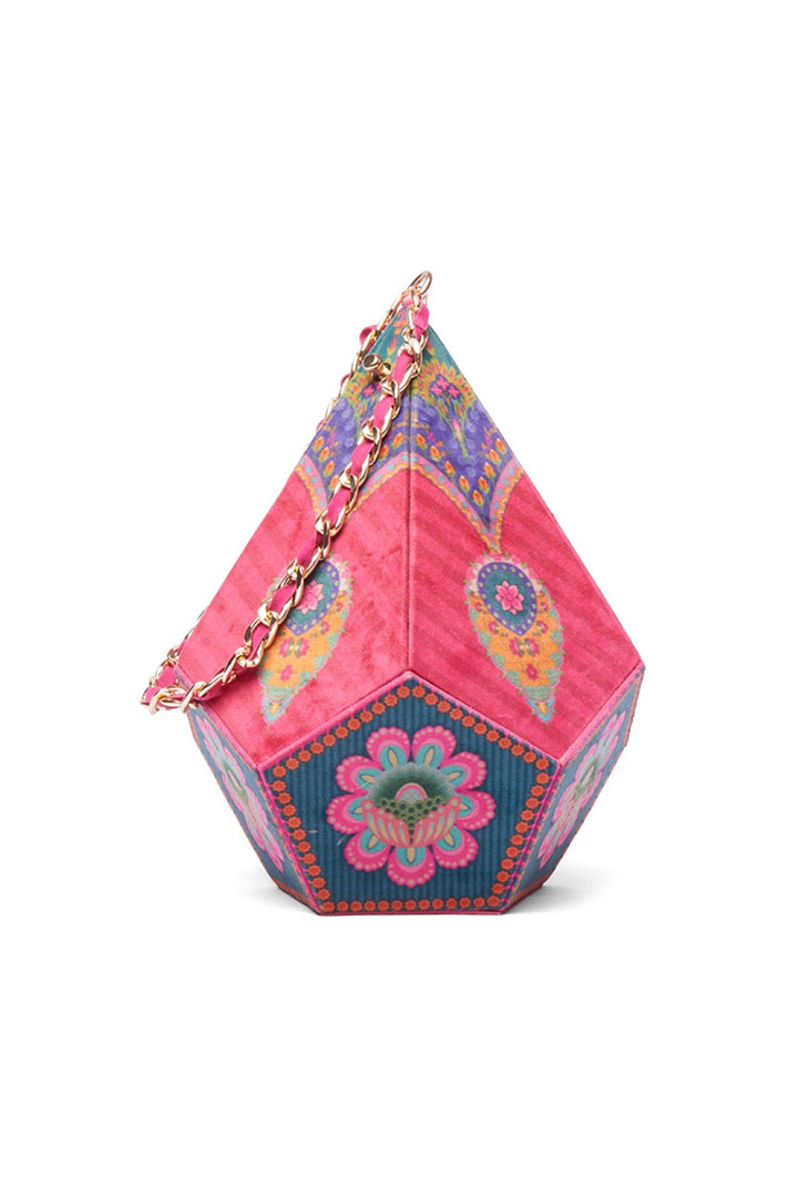 Red Stripe Dodecahedron Shape Potli Bag With Chain Strap-Bags-Siddhartha Bansal