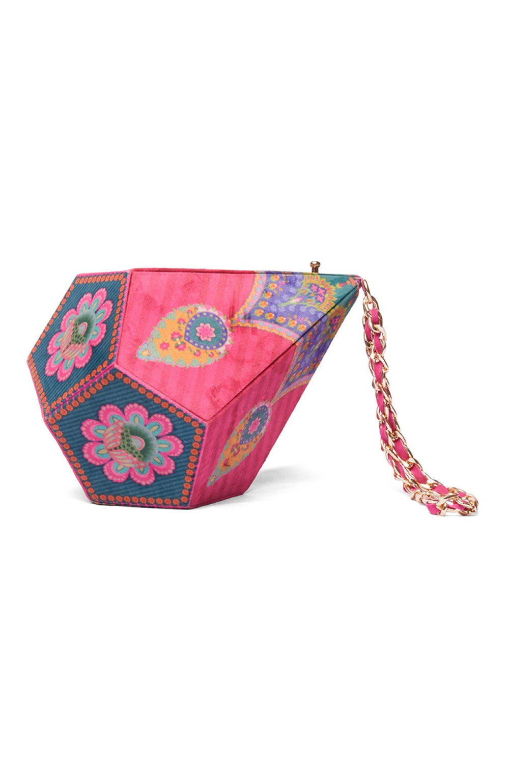 Red Stripe Dodecahedron Shape Potli Bag With Chain Strap-Bags-Siddhartha Bansal
