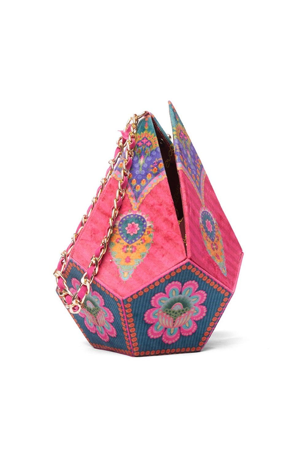 Red Stripe Dodecahedron Shape Potli Bag With Chain Strap-Bags-Siddhartha Bansal
