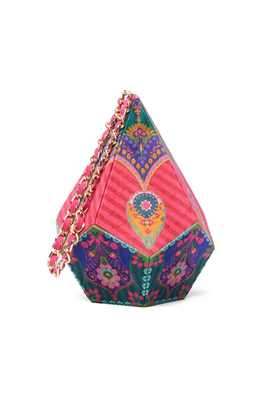 Red Stripe Dodecahedron Shape Potli Bag With Chain Strap-Bags-Siddhartha Bansal