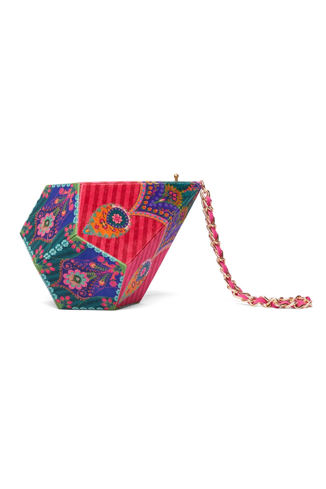 Red Stripe Dodecahedron Shape Potli Bag With Chain Strap-Bags-Siddhartha Bansal