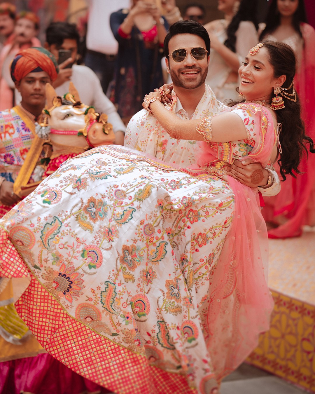 Ankita Lokhande In Blush Ivory Floral Embroidered Lehenga Set-Siddhartha Bansal