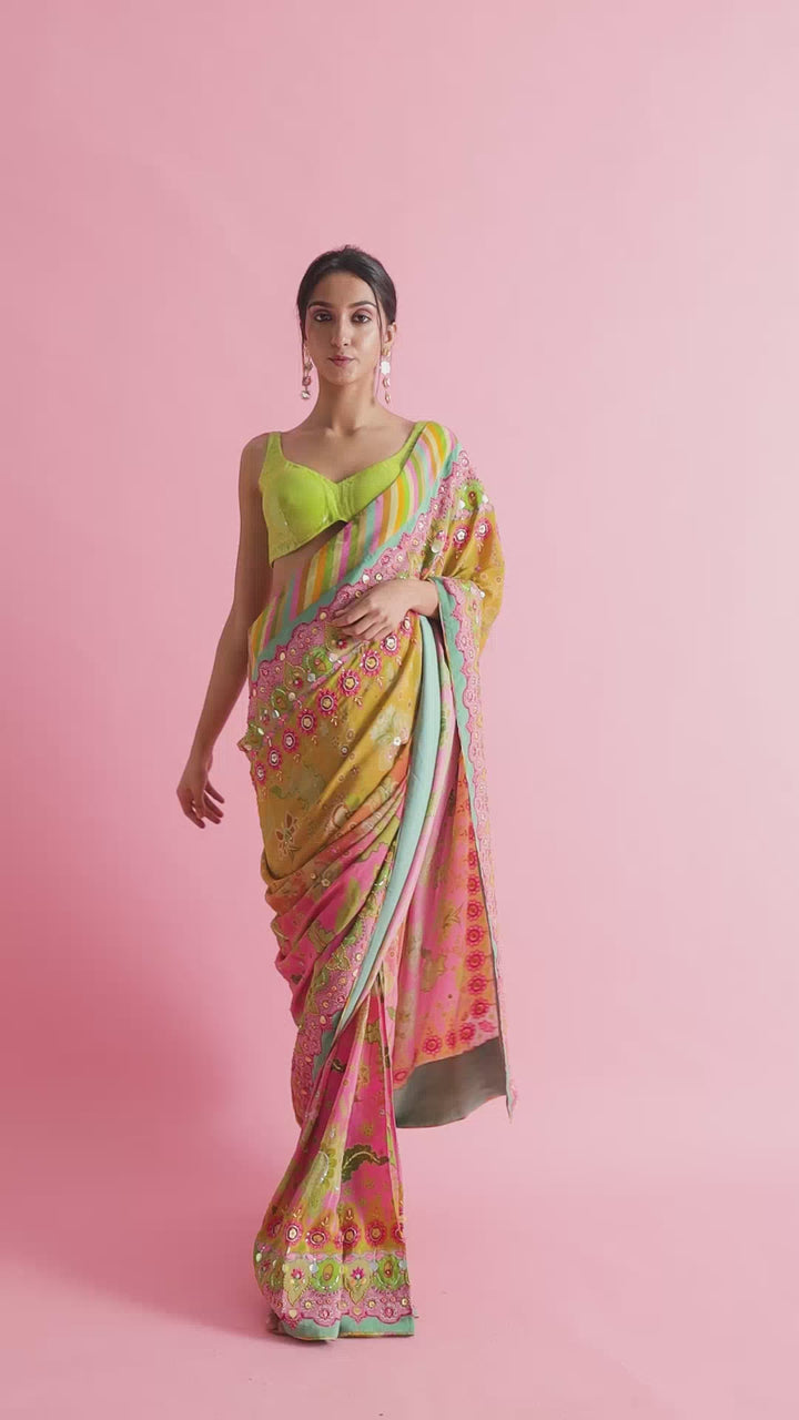 Sunset Orange Ombre Embroidered Saree Set