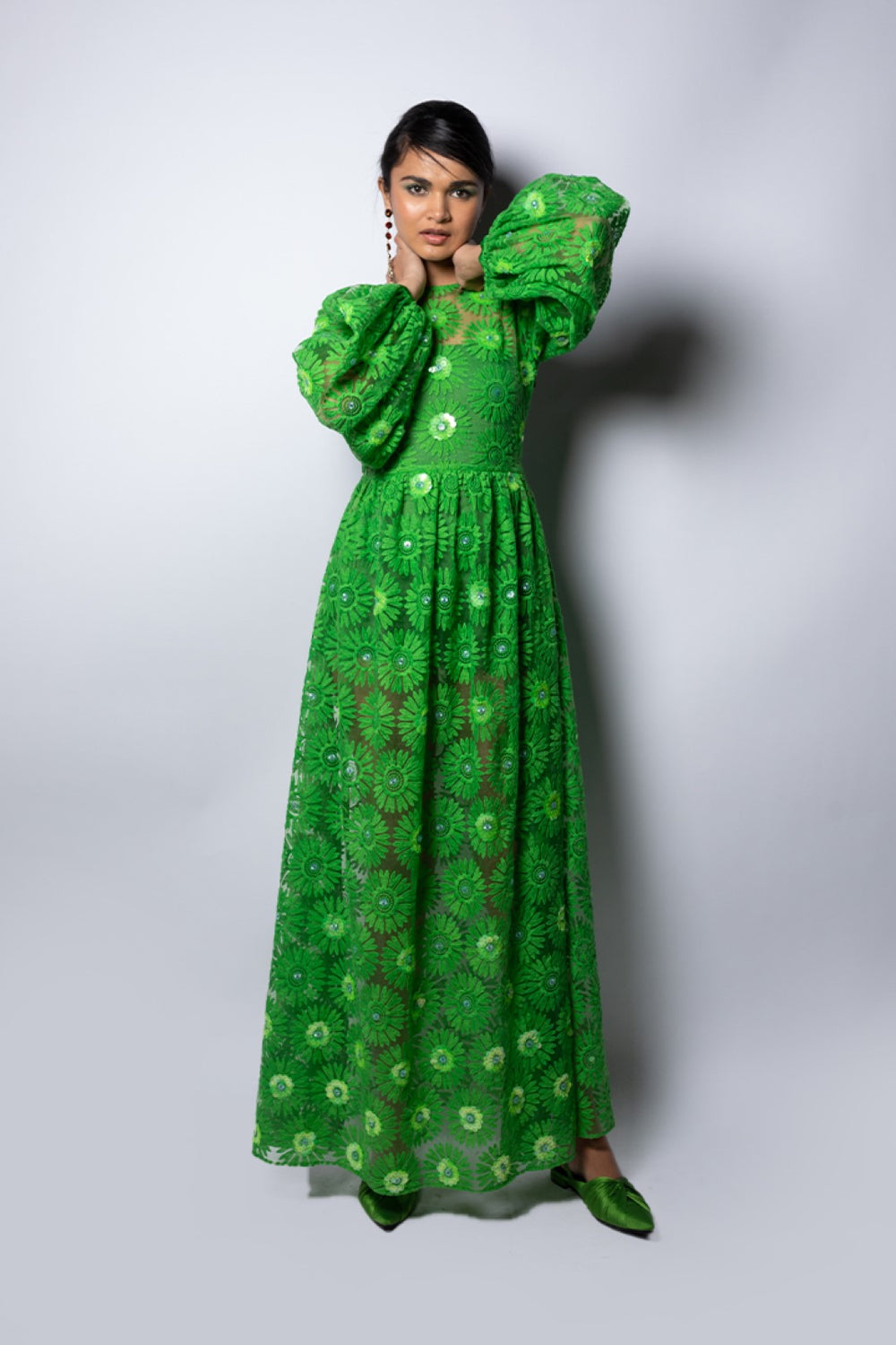 Embellished Parrot Green Long Maxi Dress-Siddhartha Bansal