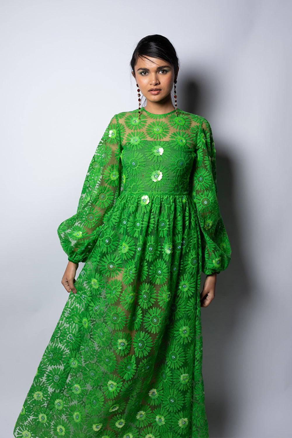 Embellished Parrot Green Long Maxi Dress-Siddhartha Bansal