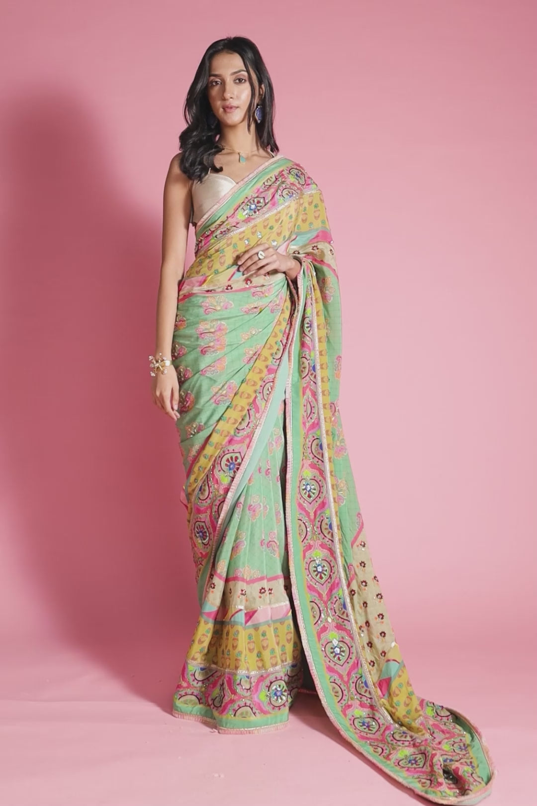 Sage Green Multi Border Embroidered Saree Set