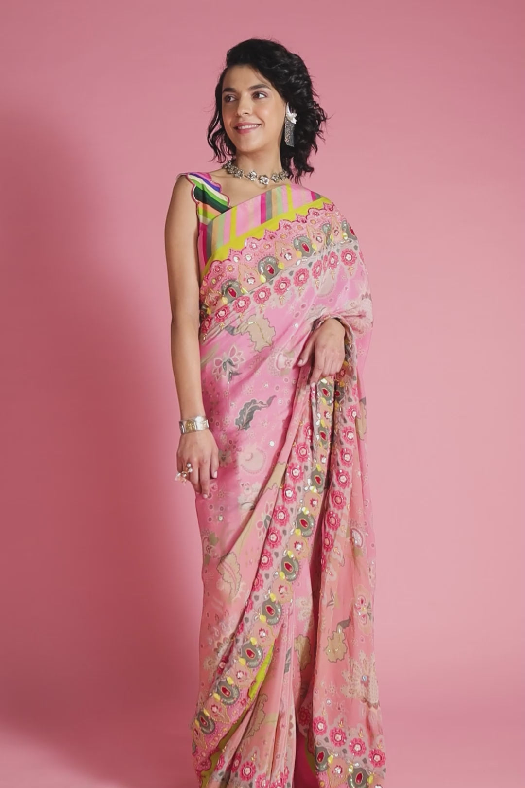 Twilight Pink Ombre Embroidered Saree Set