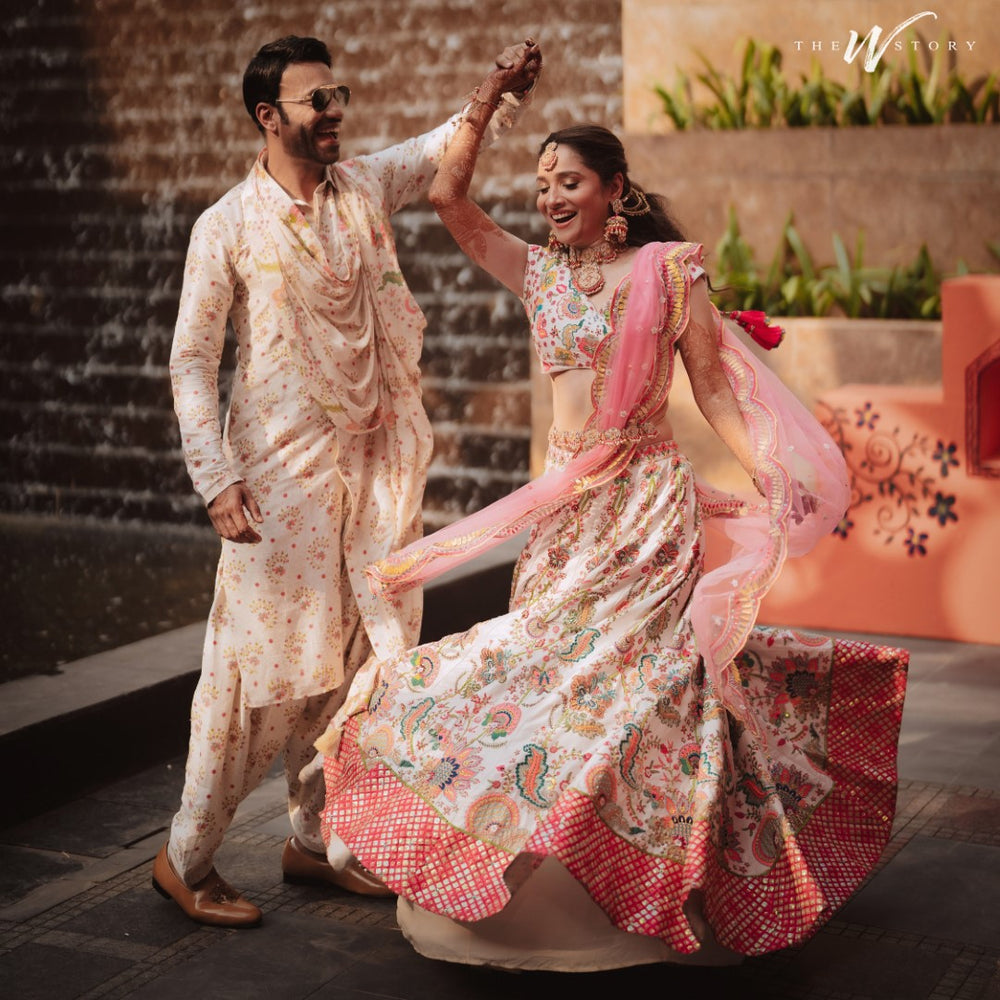Vicky Jain In Ivory Floral Blooming Tales Front Open Kurta, Patiala Set With Drape Printed Stole-Mens Wear-Siddhartha Bansal