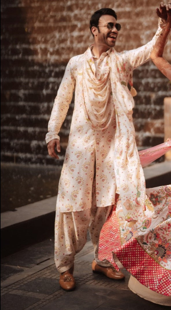 Vicky Jain In Ivory Floral Blooming Tales Front Open Kurta, Patiala Set With Drape Printed Stole-Mens Wear-Siddhartha Bansal