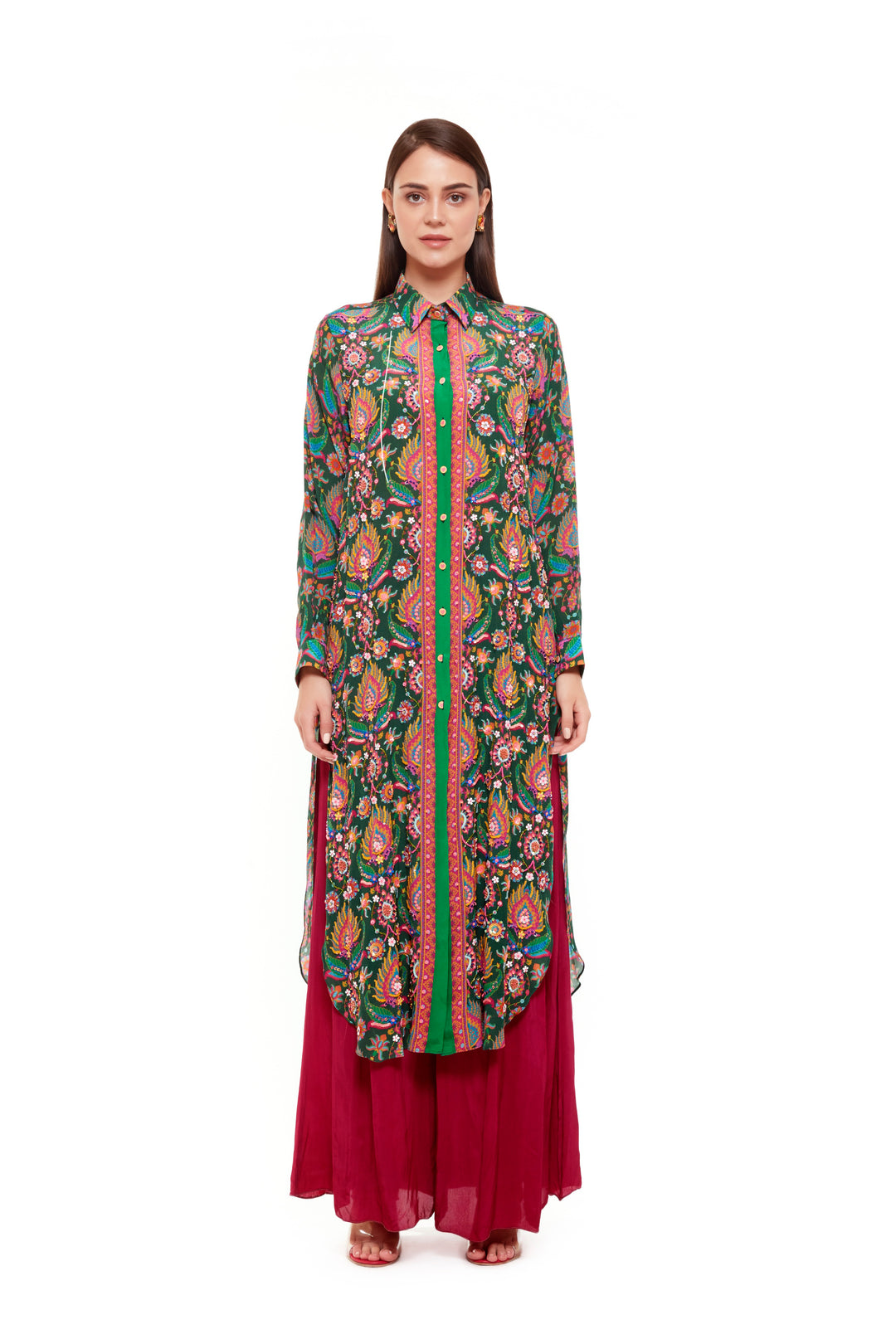 Green Pink Embellished Paisley Shirt Dress-Siddhartha Bansal