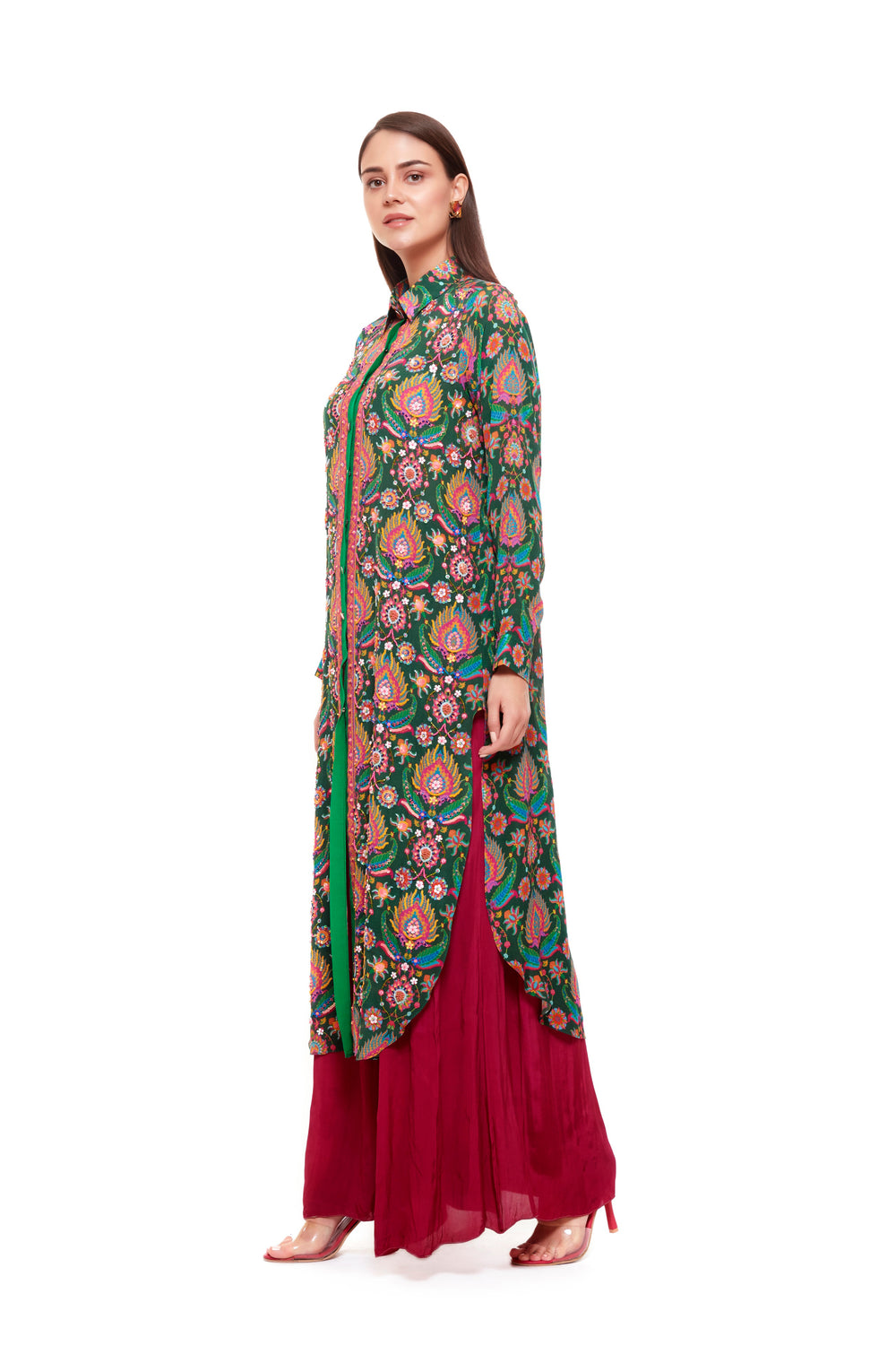 Green Pink Embellished Paisley Shirt Dress-Siddhartha Bansal