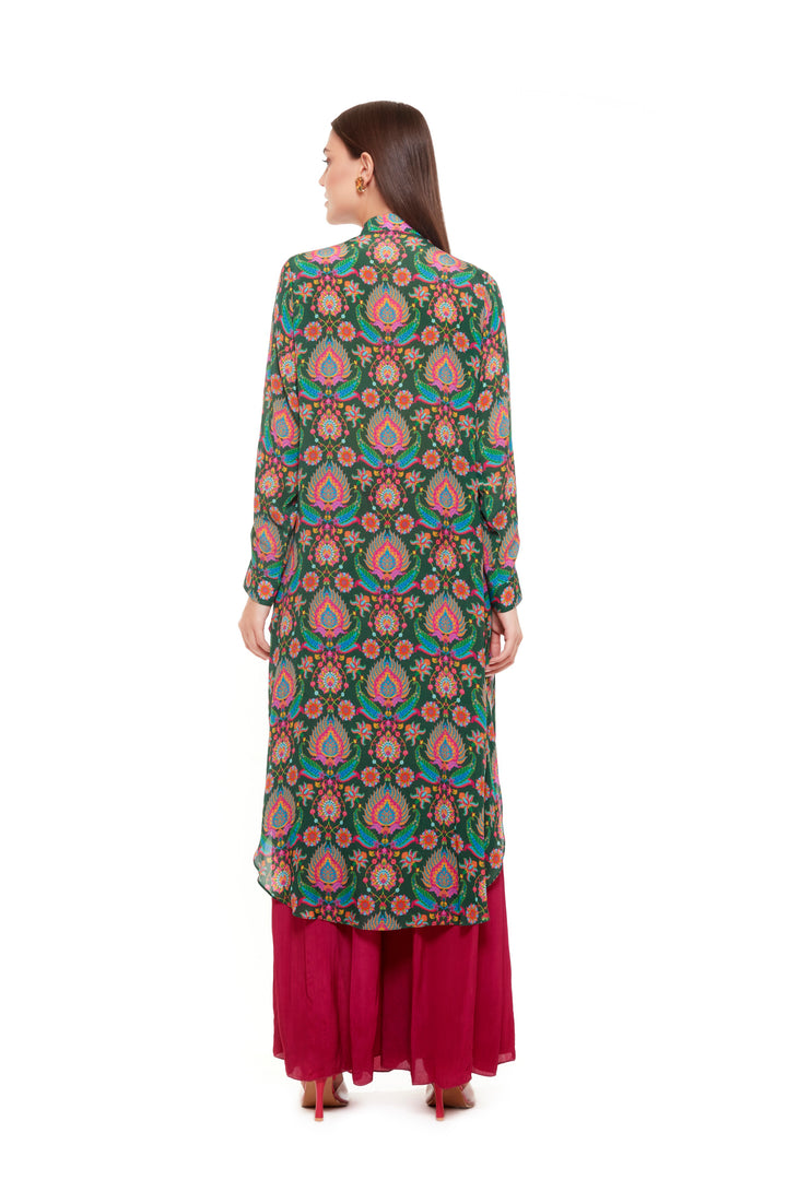 Green Pink Embellished Paisley Shirt Dress-Siddhartha Bansal