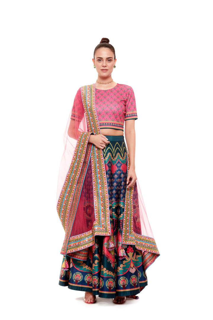 Pink Chintz Running Crop Top, And Yellow Pink Chintz Bagh Skirt-Lehenga-Siddhartha Bansal