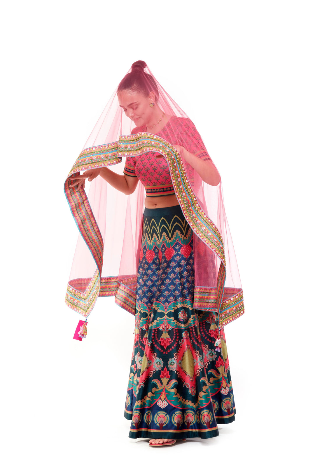 Pink Chintz Running Crop Top, And Yellow Pink Chintz Bagh Skirt-Lehenga-Siddhartha Bansal