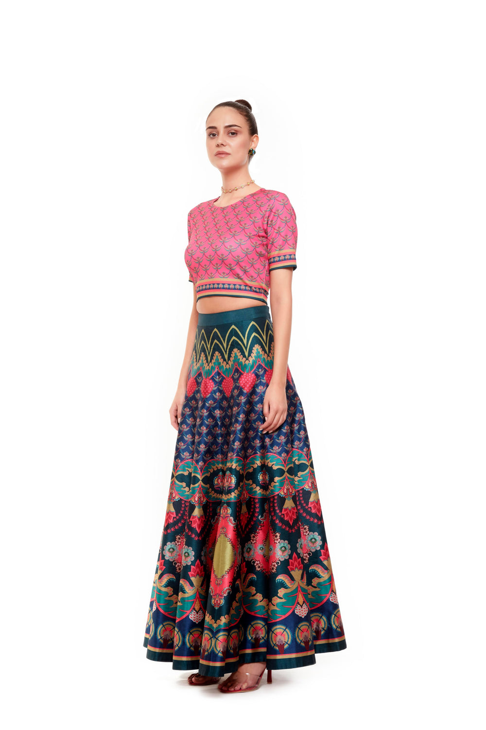 Pink Chintz Running Crop Top, And Yellow Pink Chintz Bagh Skirt-Lehenga-Siddhartha Bansal