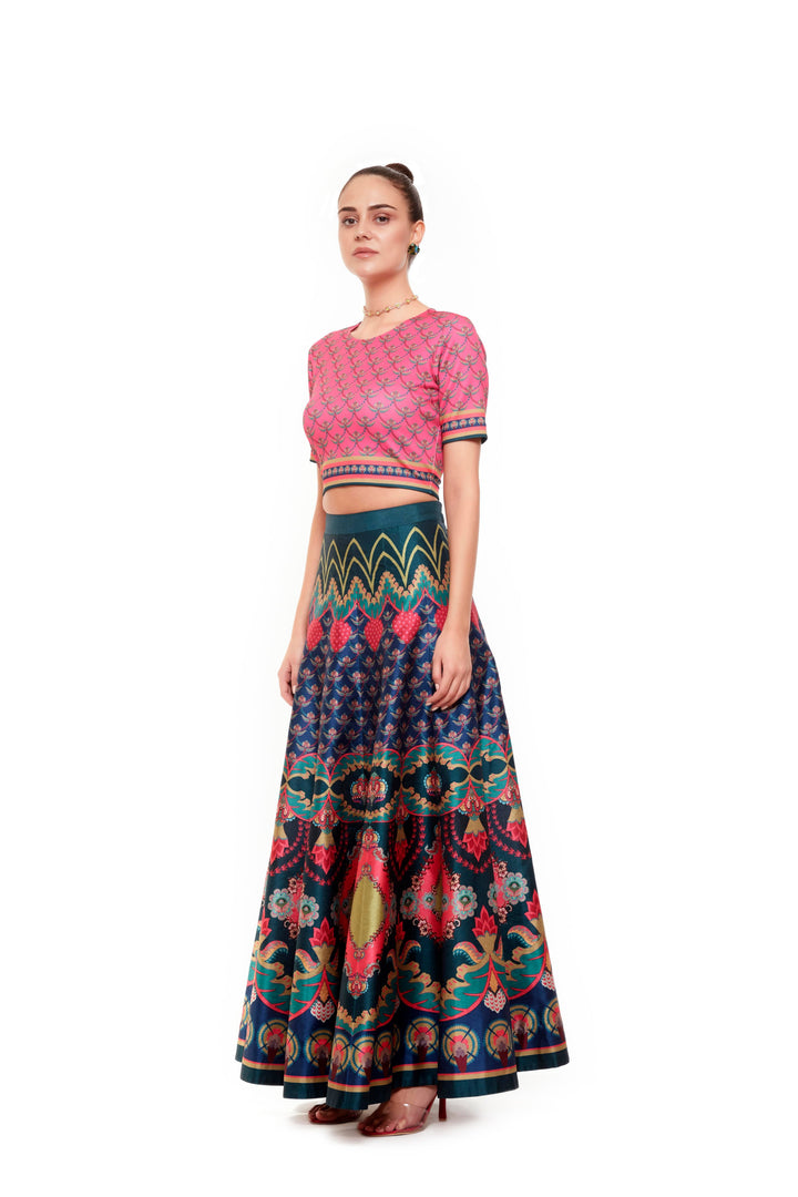 Pink Chintz Running Crop Top, And Yellow Pink Chintz Bagh Skirt-Lehenga-Siddhartha Bansal