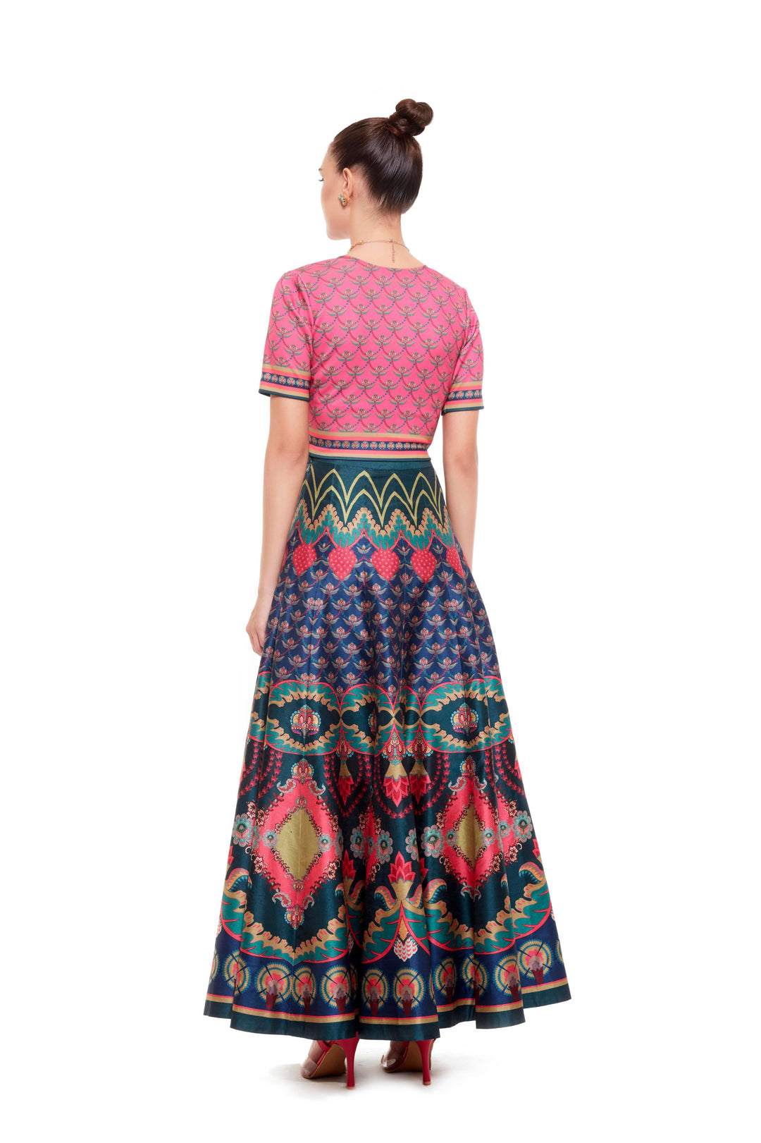 Pink Chintz Running Crop Top, And Yellow Pink Chintz Bagh Skirt-Lehenga-Siddhartha Bansal