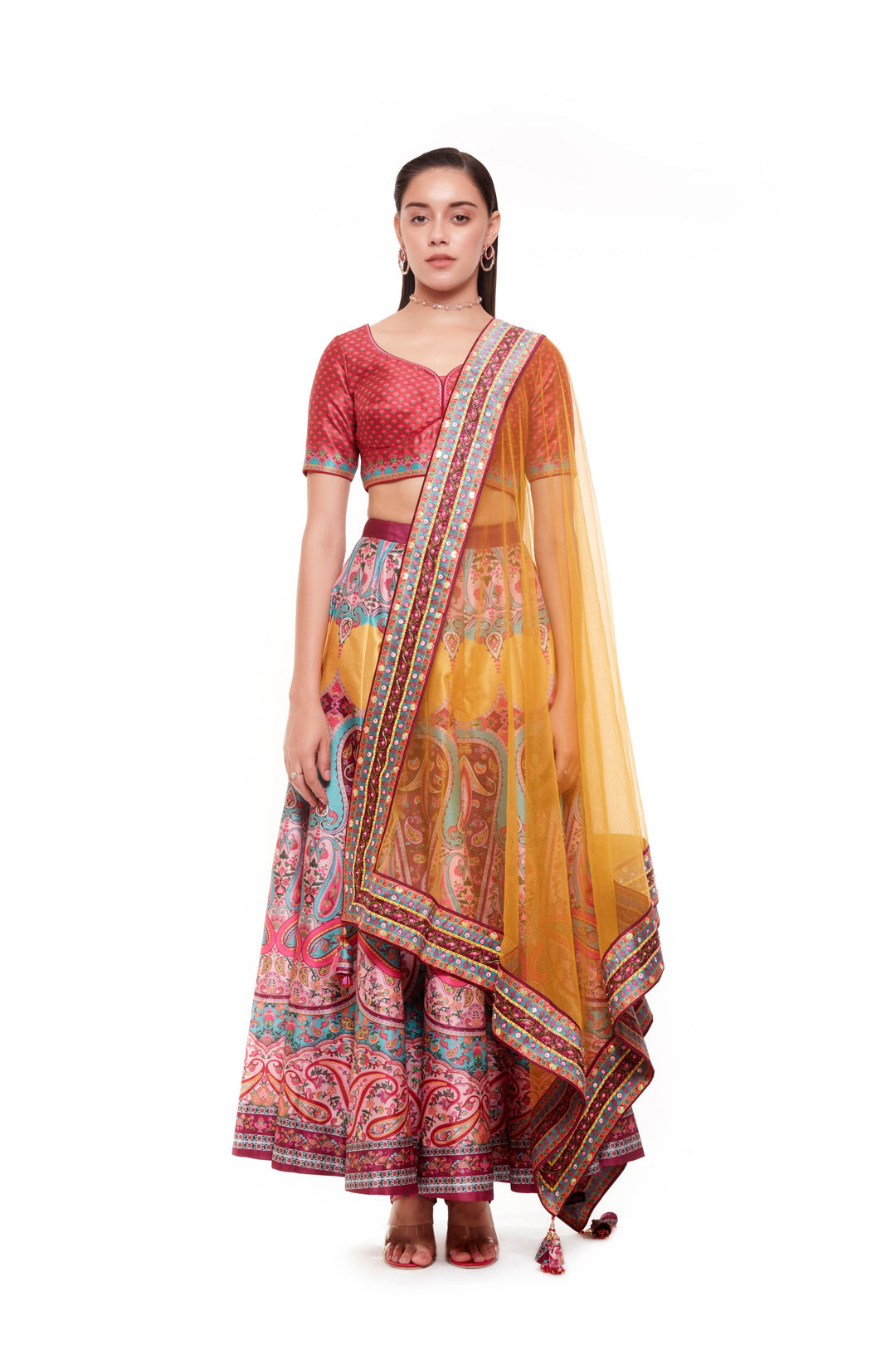 Red Paisely Blouse And Skirt-Lehenga-Siddhartha Bansal