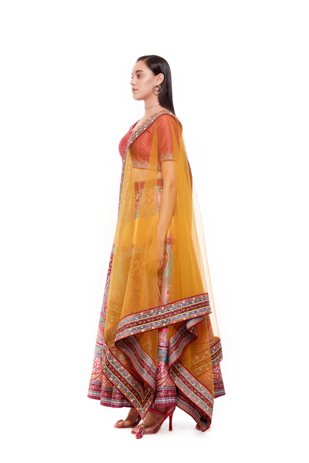 Red Paisely Blouse And Skirt-Lehenga-Siddhartha Bansal