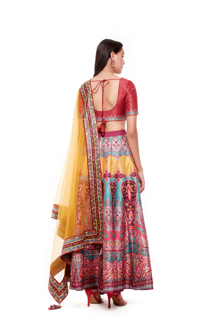 Red Paisely Blouse And Skirt-Lehenga-Siddhartha Bansal