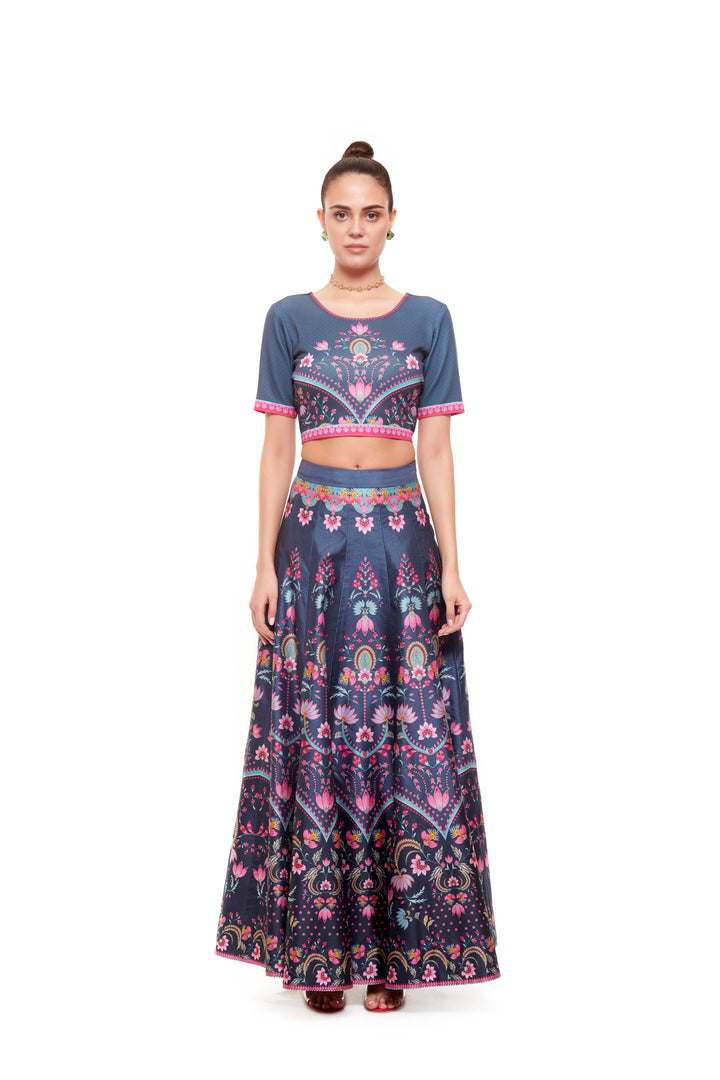 Dark Grey Chintz Crop Top And Skirt-Lehenga-Siddhartha Bansal