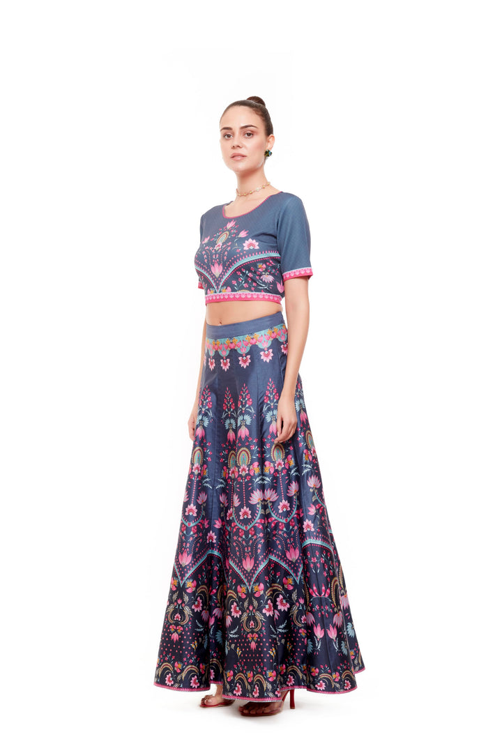 Dark Grey Chintz Crop Top And Skirt-Lehenga-Siddhartha Bansal