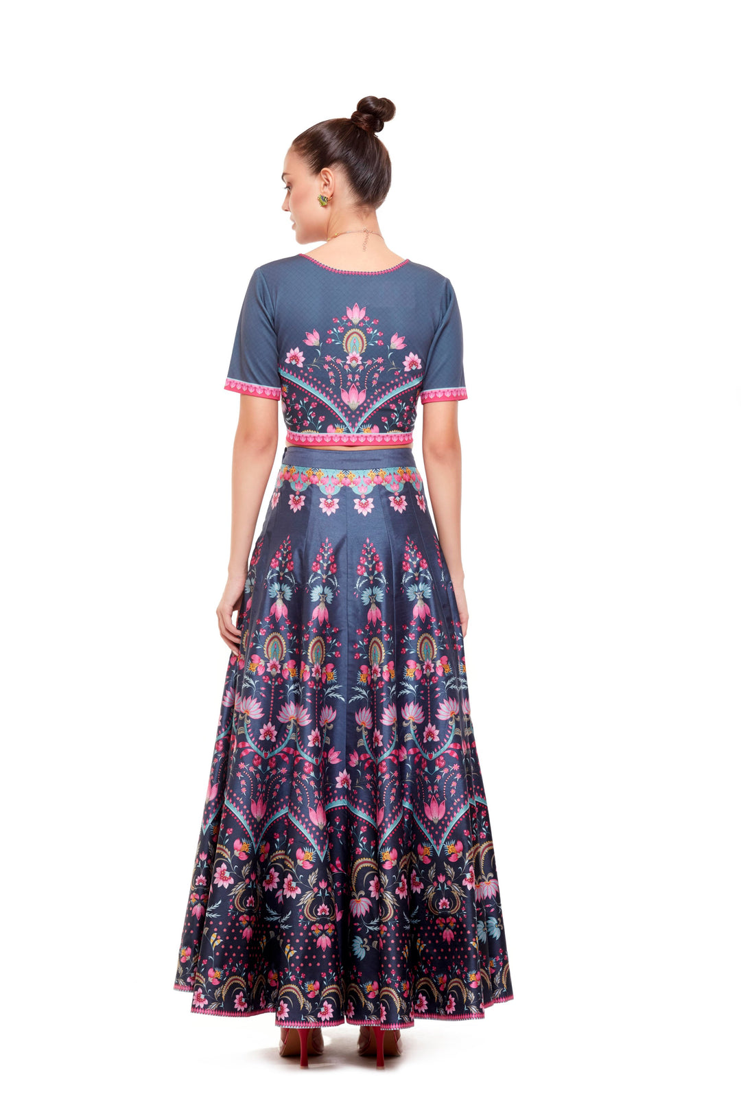 Dark Grey Chintz Crop Top And Skirt-Lehenga-Siddhartha Bansal