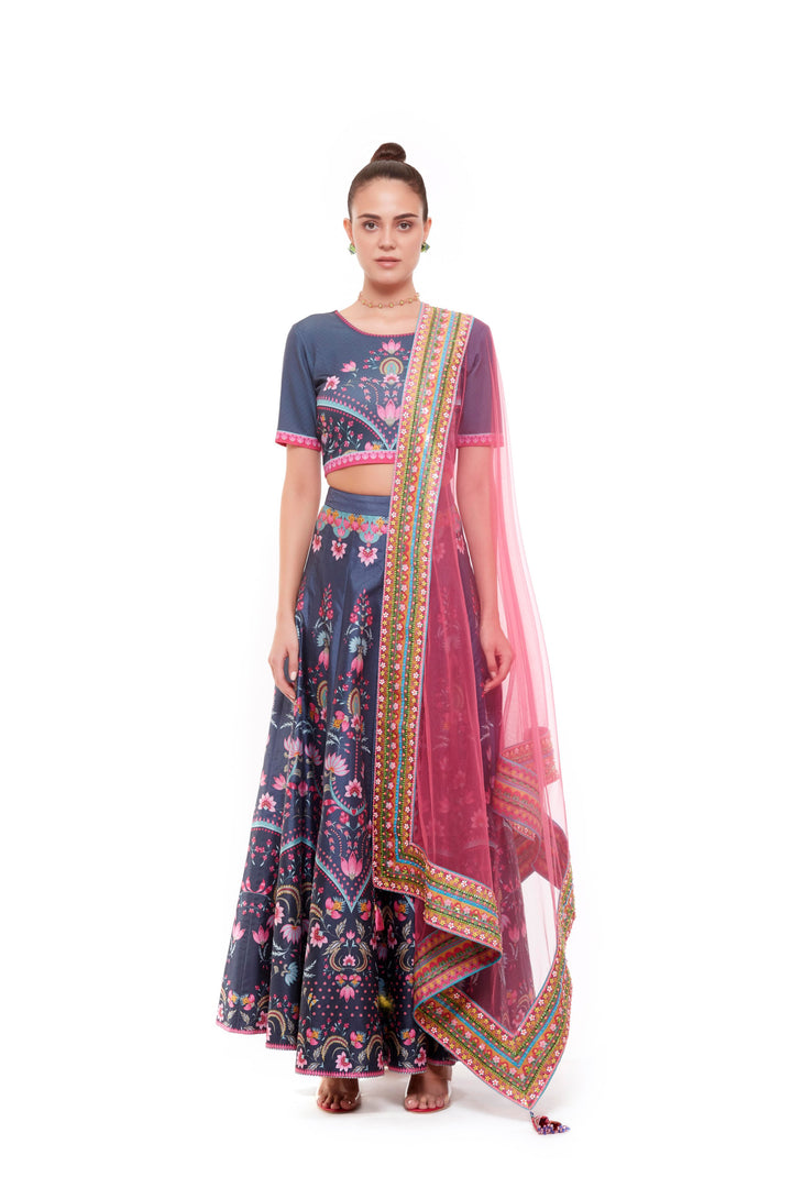 Dark Grey Chintz Crop Top And Skirt-Lehenga-Siddhartha Bansal