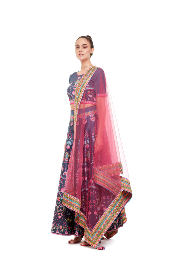 Dark Grey Chintz Crop Top And Skirt-Lehenga-Siddhartha Bansal