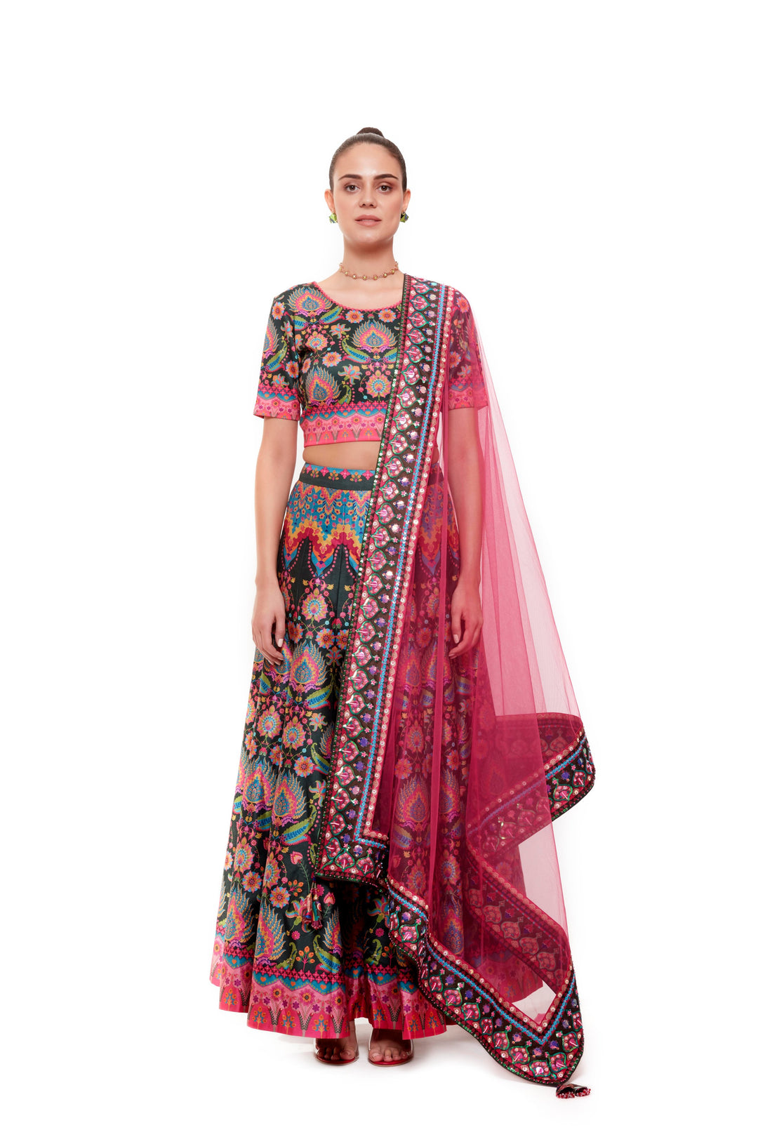 Dark Green Multi Color Crop Top And Skirt-Lehenga-Siddhartha Bansal