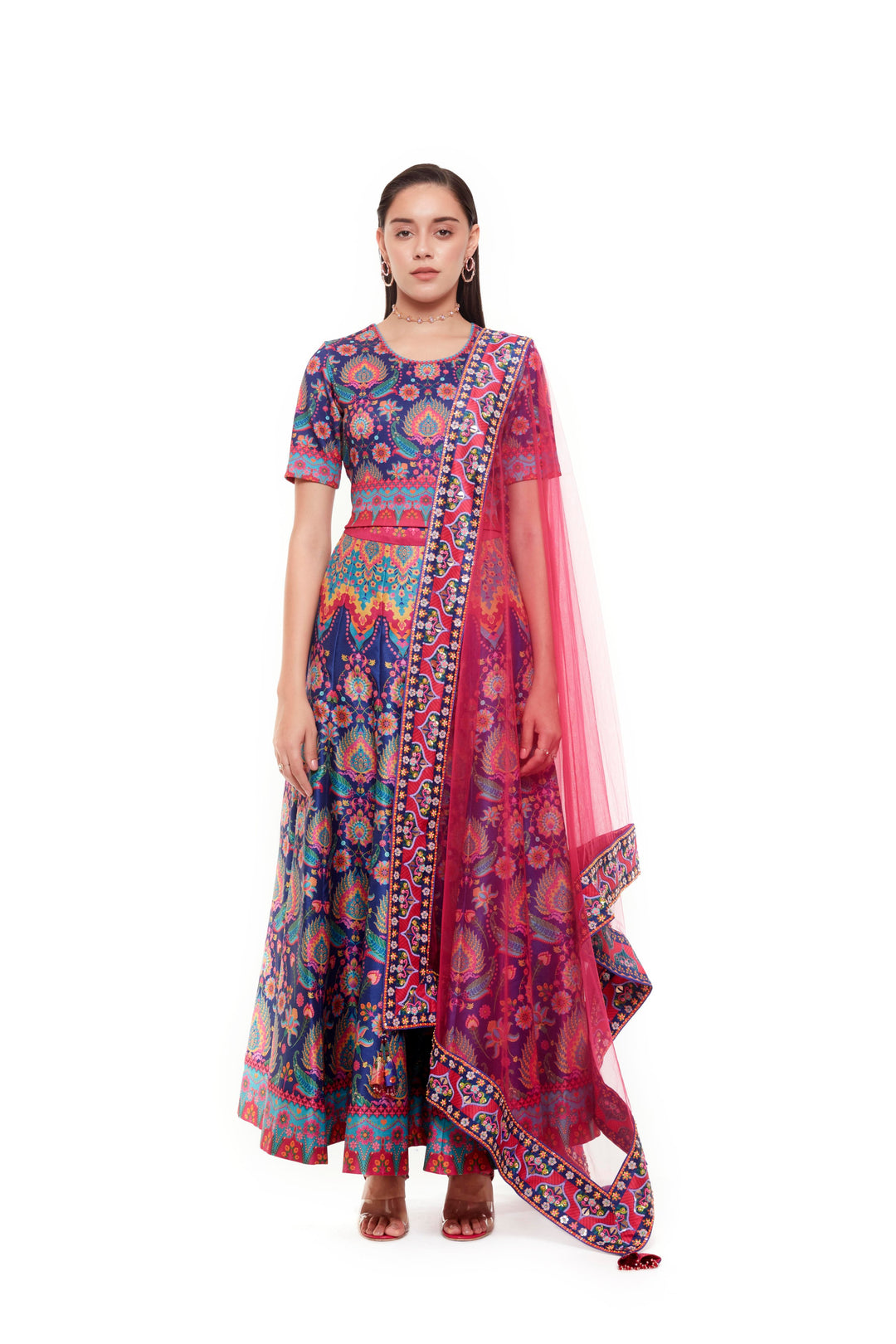 Blue Multi Color Crop Top And Blue Multi Color Skirt-Lehenga-Siddhartha Bansal