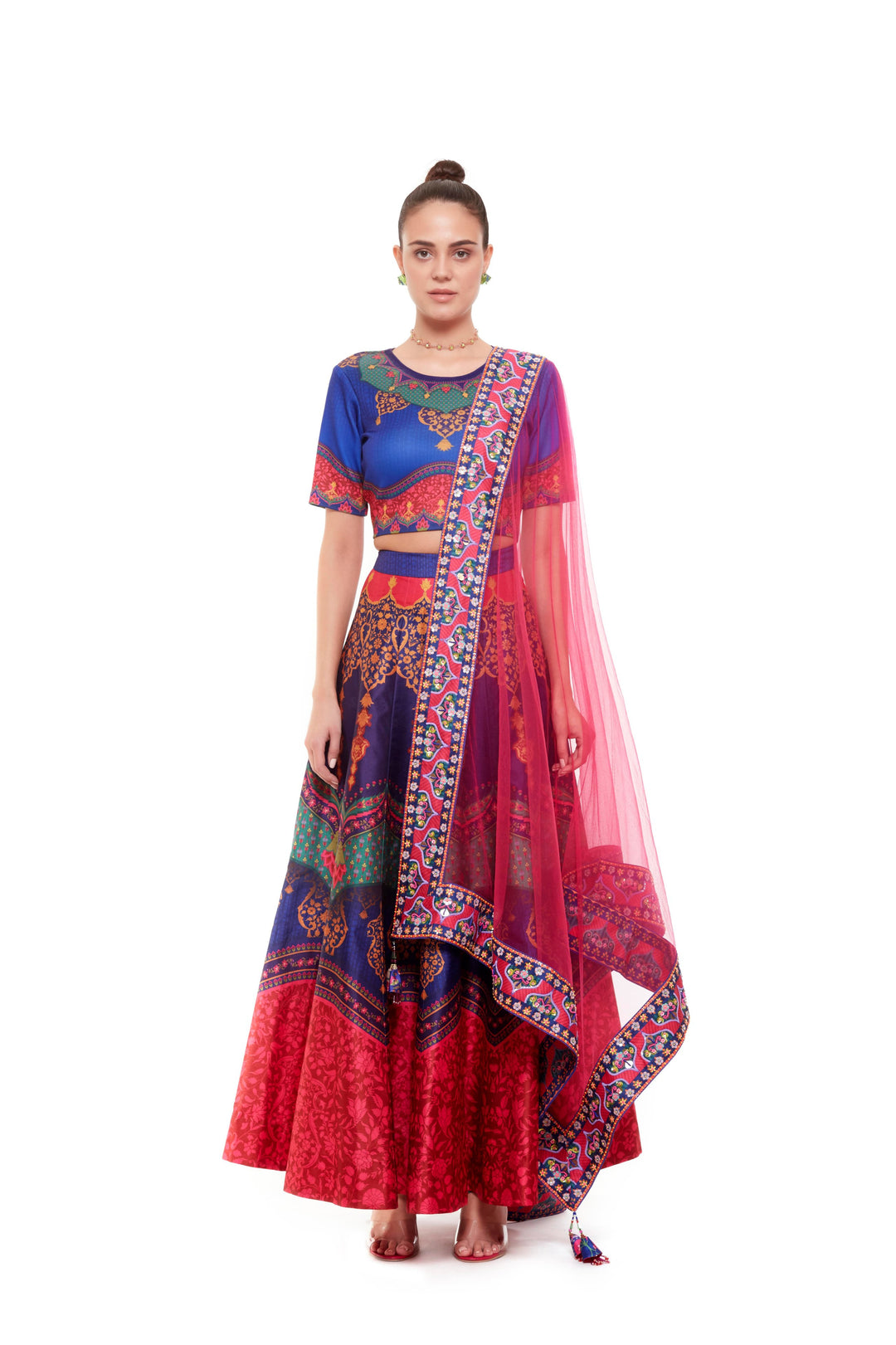 Royal Blue Pink Crop Top And Skirt-Lehenga-Siddhartha Bansal