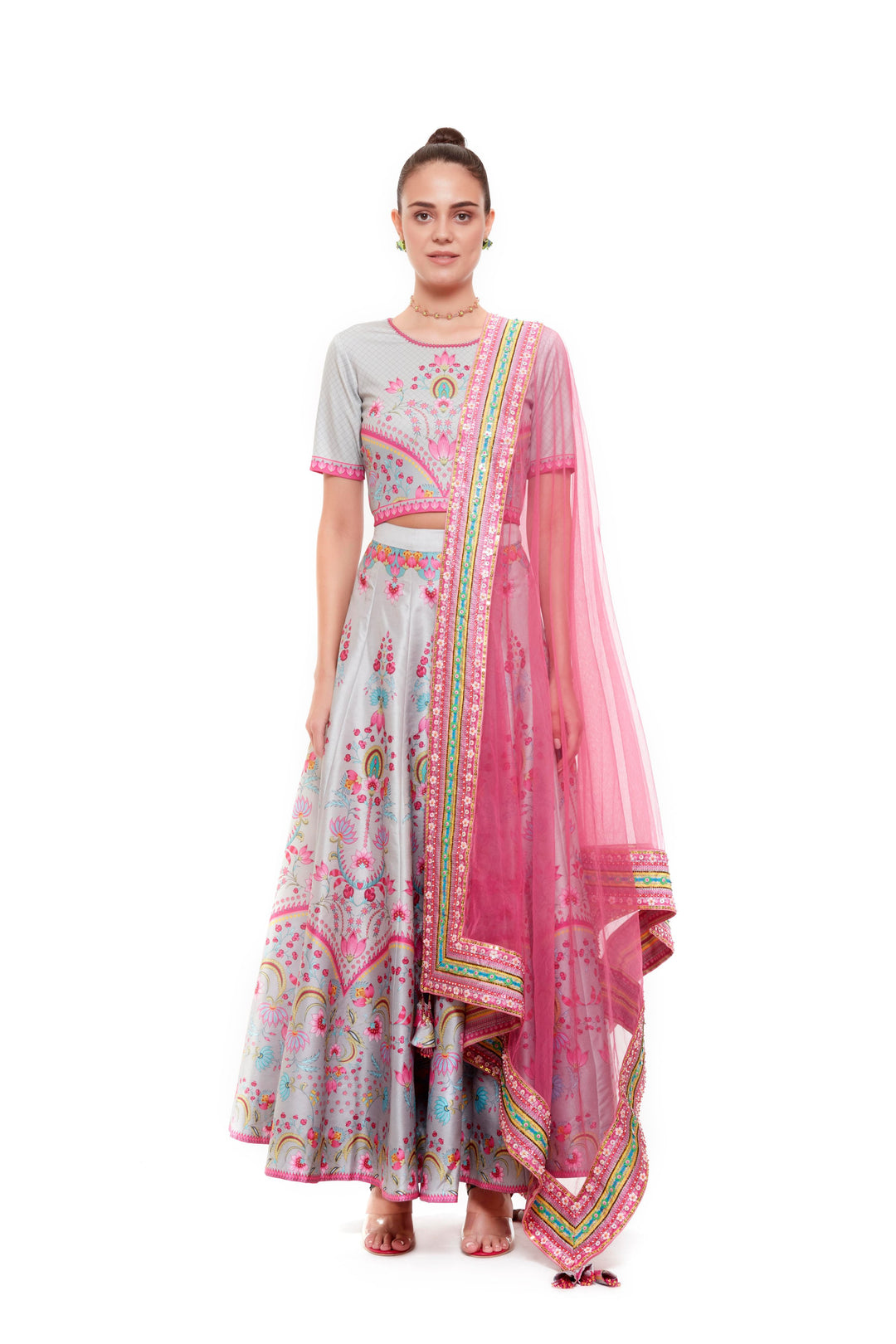 Light Grey Chintz Crop Top And Skirt-Lehenga-Siddhartha Bansal