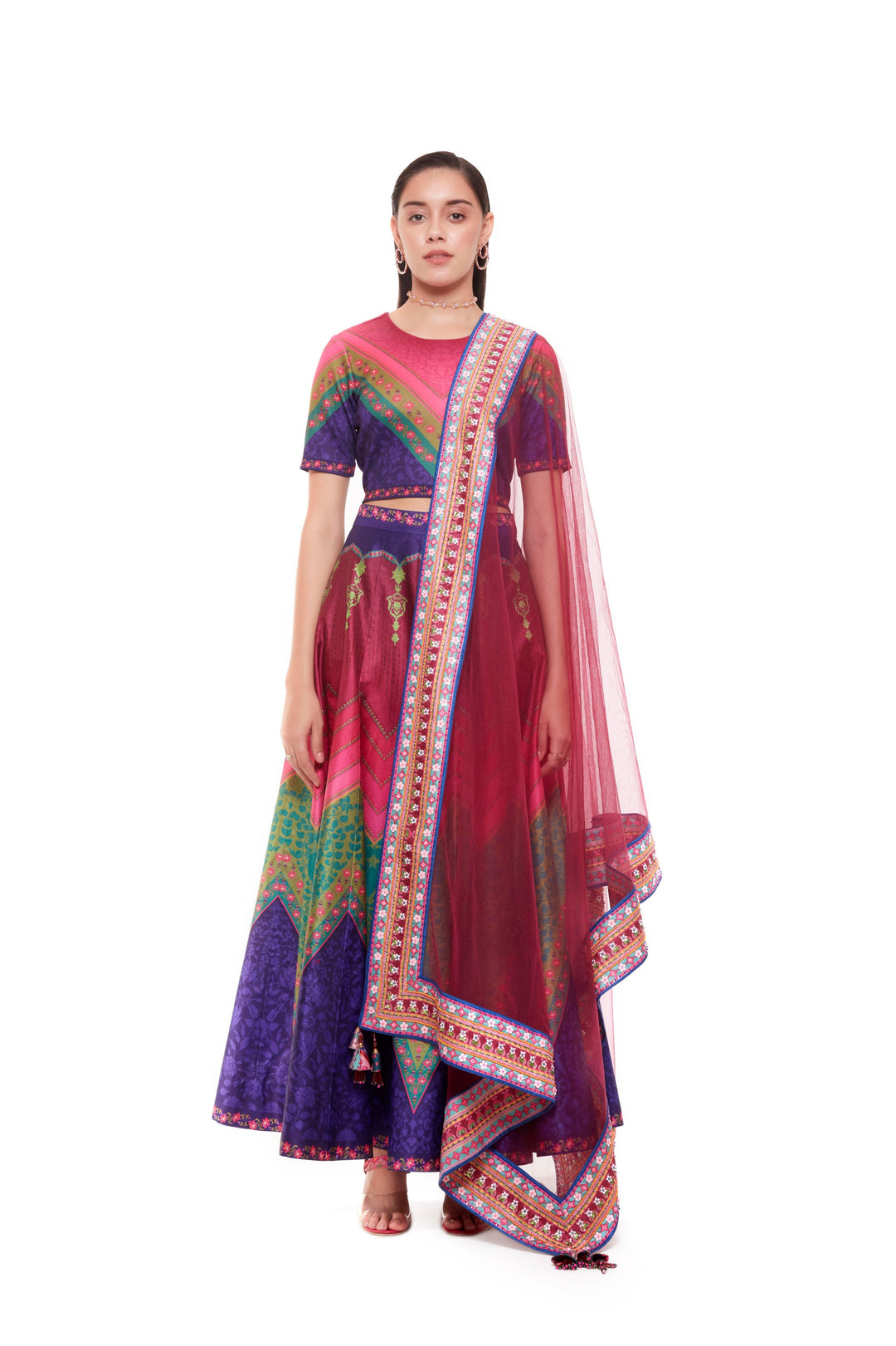 Royal Purple Pink Crop Top And Skirt-Lehenga-Siddhartha Bansal