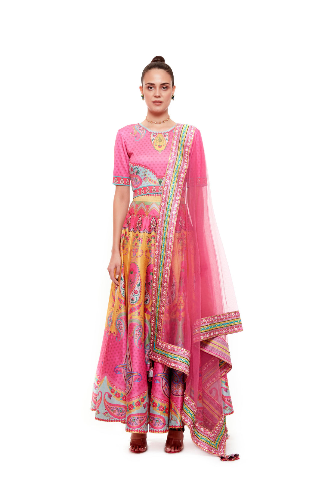 Pink Yellow Crop Top , Pink Yellow Skirt-Lehenga-Siddhartha Bansal