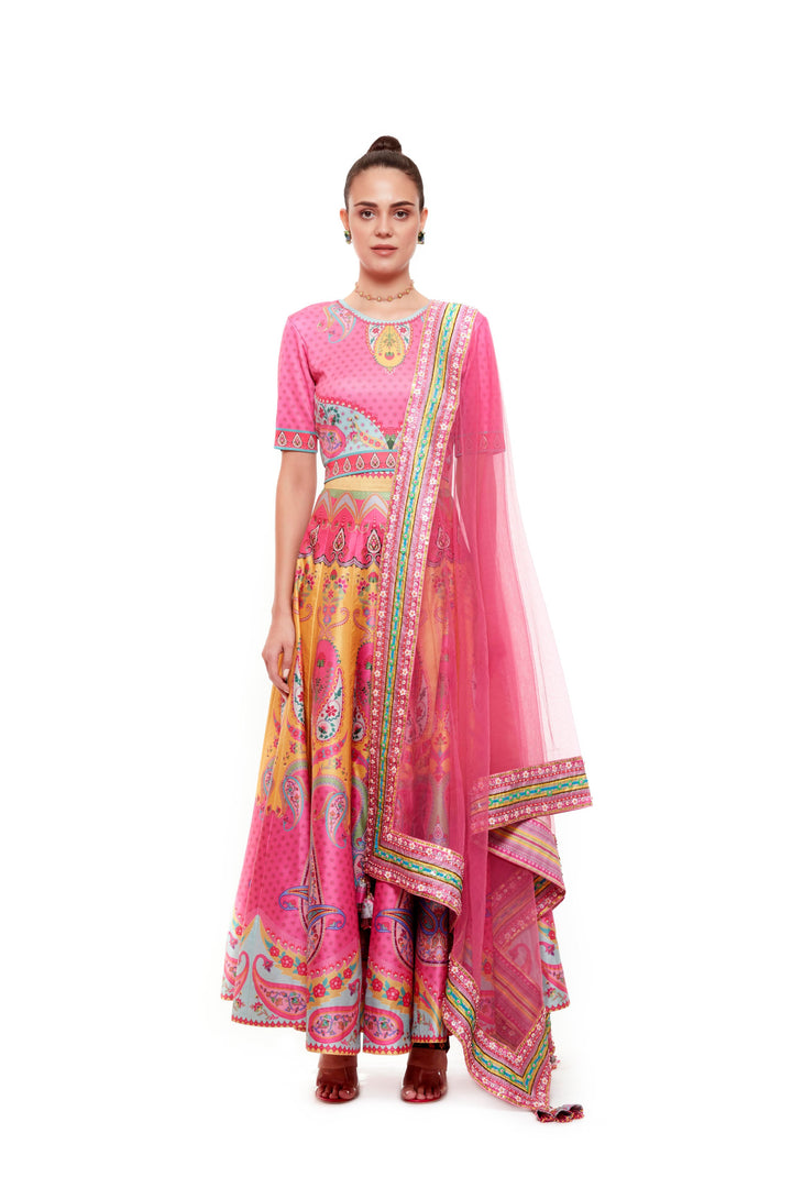Pink Yellow Crop Top , Pink Yellow Skirt-Lehenga-Siddhartha Bansal