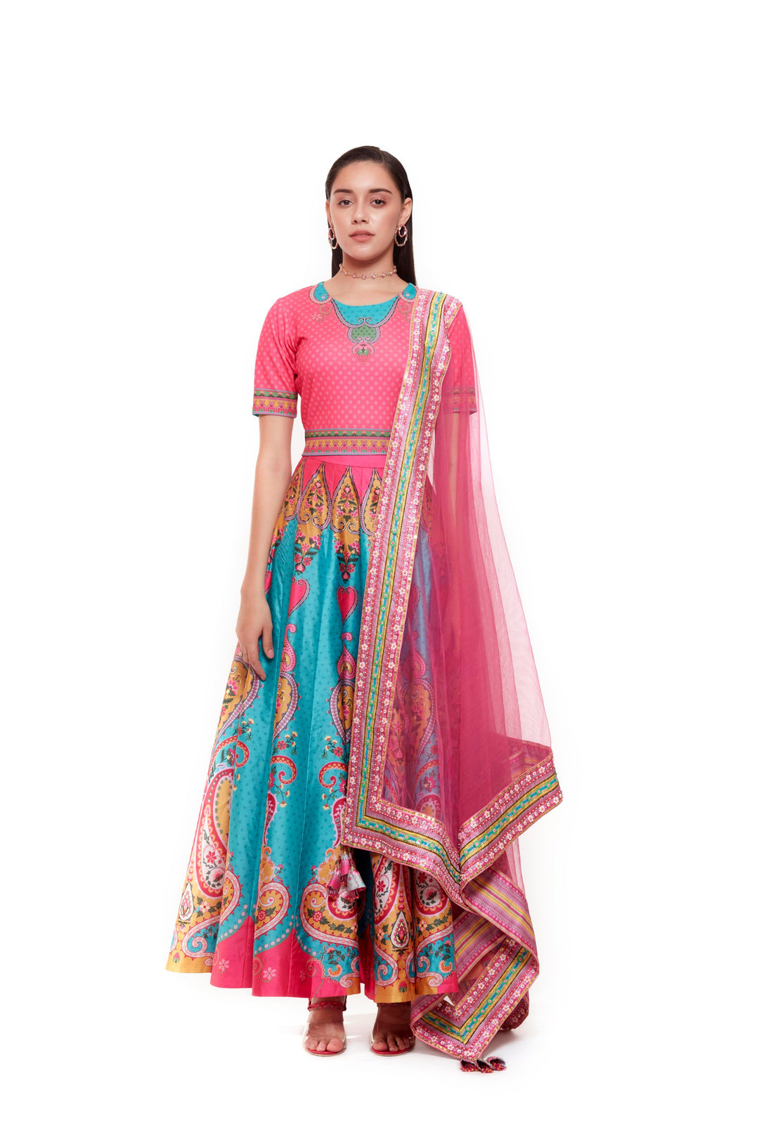 Blue Pinkcrop Top , Neon Blue Skirt-Lehenga-Siddhartha Bansal