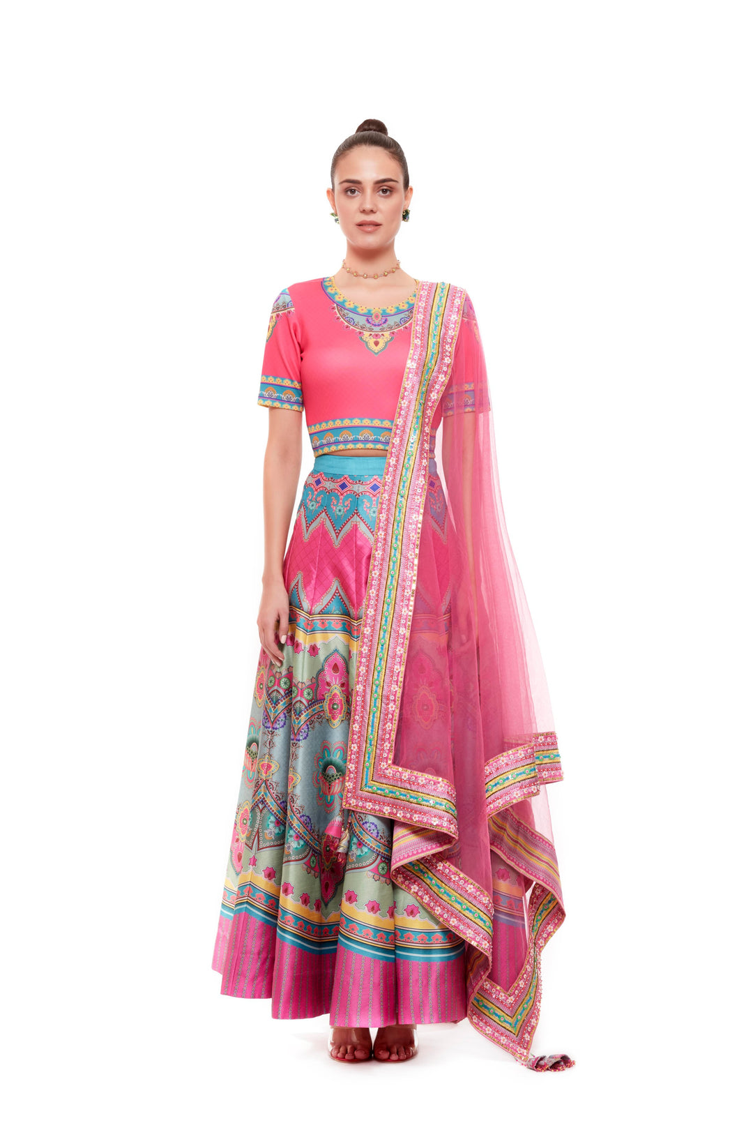 Pink Orange Crop Top And Skirt-Lehenga-Siddhartha Bansal