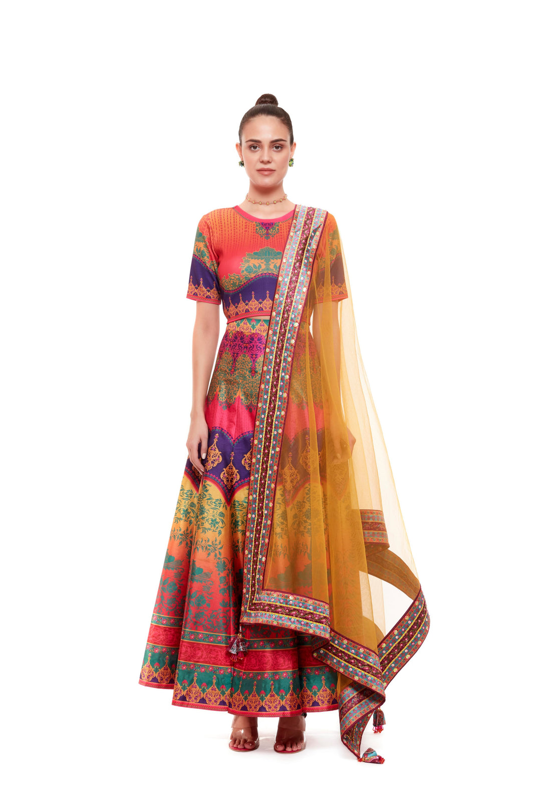 Yellow Pink Crop Top And Skirt-Lehenga-Siddhartha Bansal