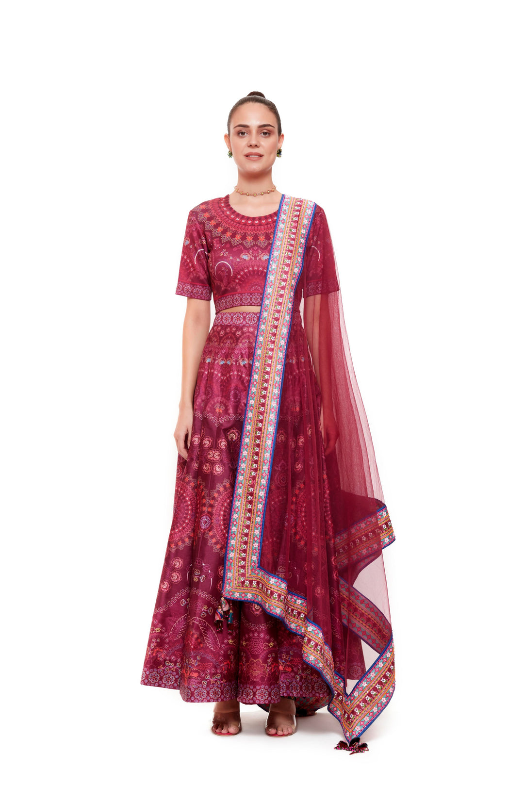Magenta Printed Crop Top And Skirt-Lehenga-Siddhartha Bansal