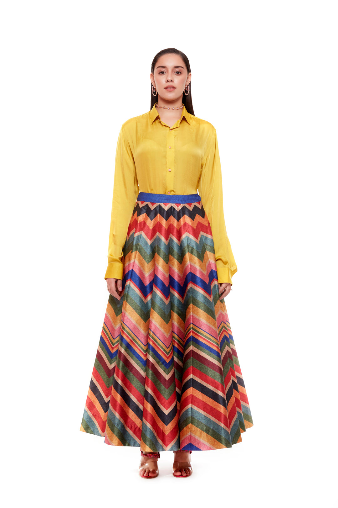 Solid Musterd Shirt And Multi Zig-Zag Print Skirt-Lehenga-Siddhartha Bansal