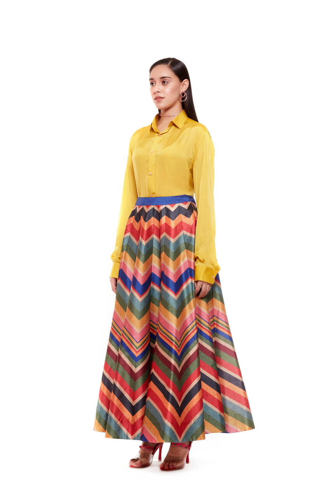 Solid Musterd Shirt And Multi Zig-Zag Print Skirt-Lehenga-Siddhartha Bansal