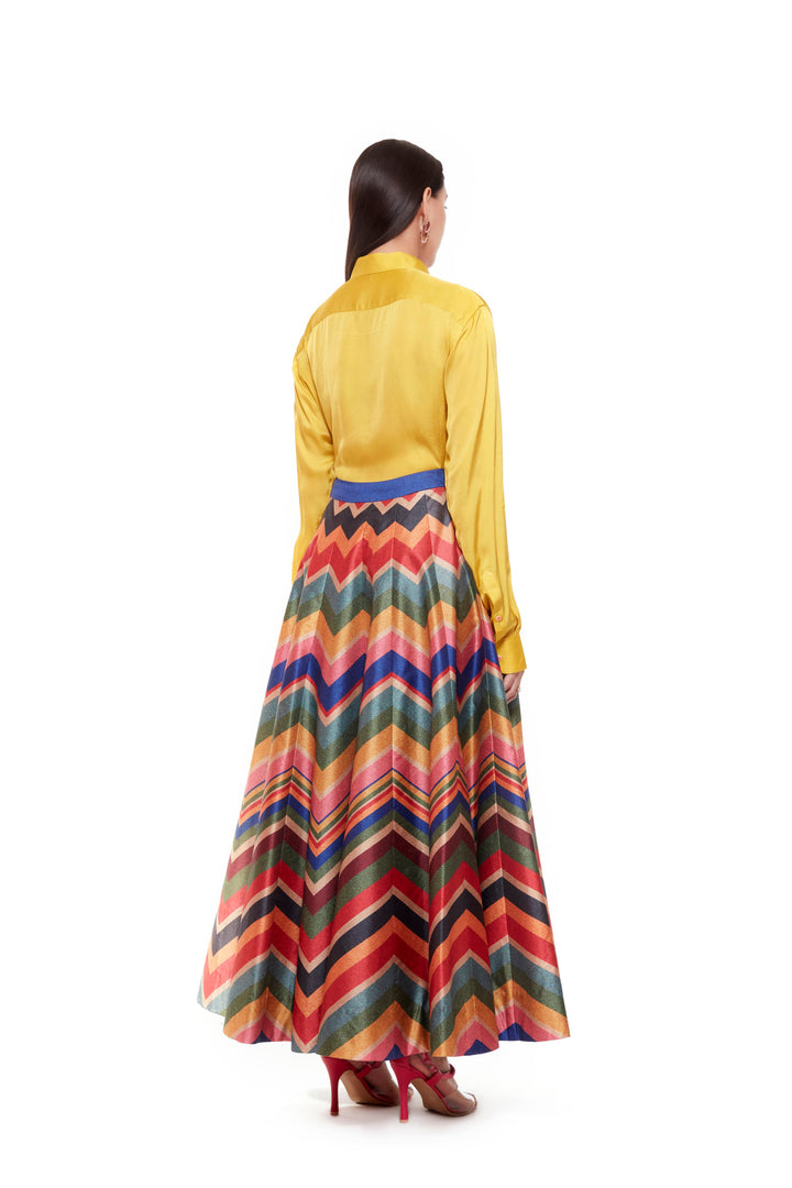 Solid Musterd Shirt And Multi Zig-Zag Print Skirt-Lehenga-Siddhartha Bansal