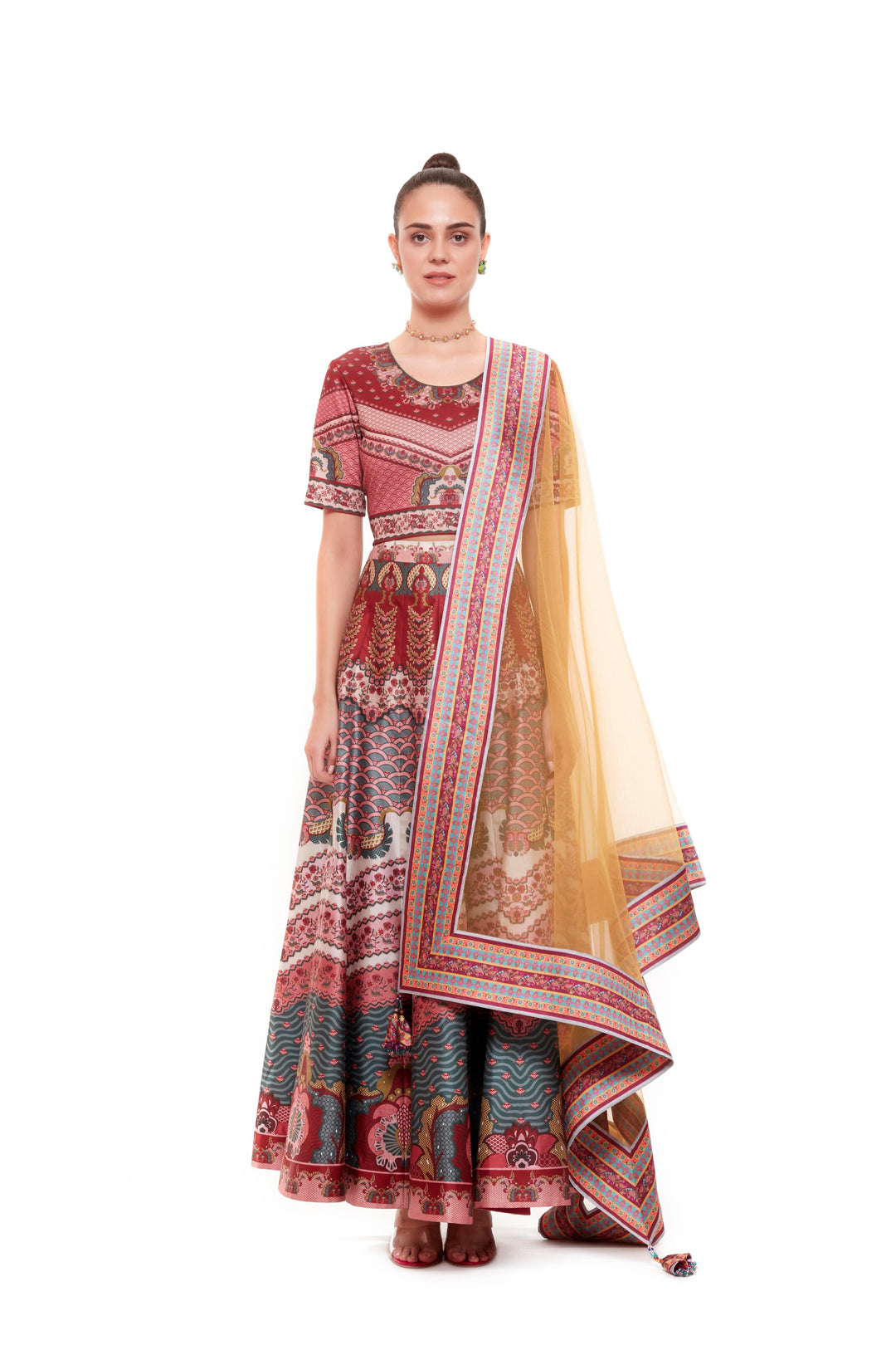 Red Pink Crop Top And Red Green Zigzag Printed Skirt-Lehenga-Siddhartha Bansal