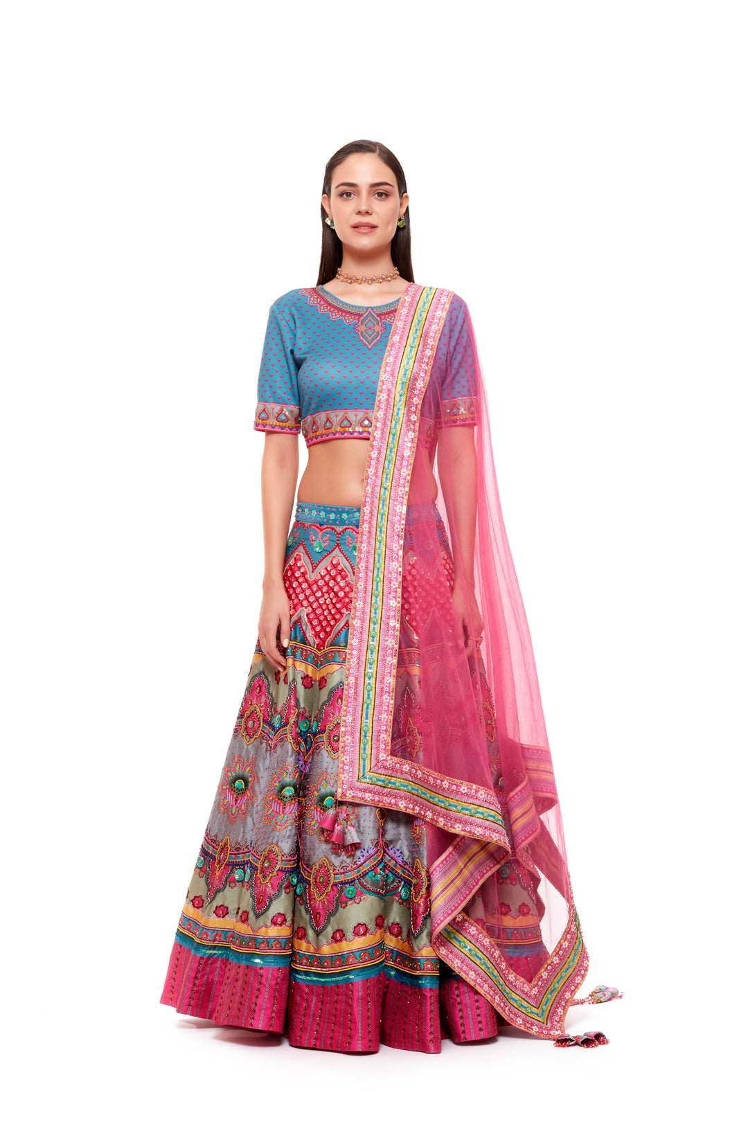 Blue Emb. Crop Top, Blue Pink Emb Skirt, Light Grey Chintz Emb. Border Dupatta-Siddhartha Bansal