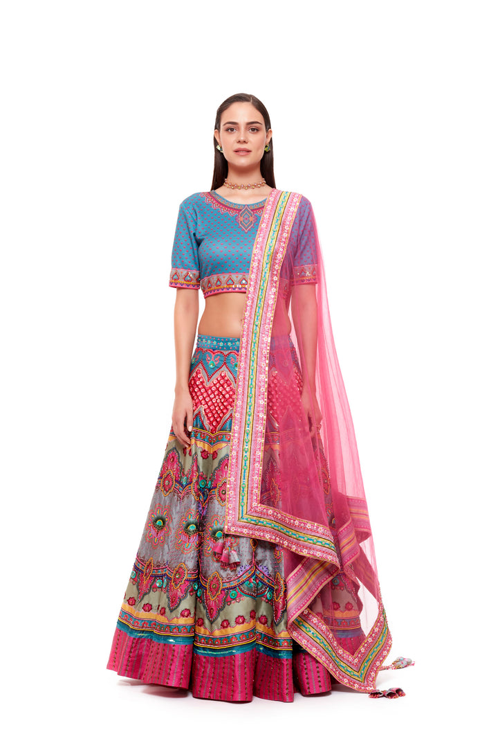 Blue Emb. Crop Top, Blue Pink Emb Skirt, Light Grey Chintz Emb. Border Dupatta-Siddhartha Bansal